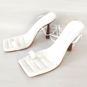Gia/Rhw Square Toe Strappy High Heels Size 38 EU White Leather Toe Ring Tie Up